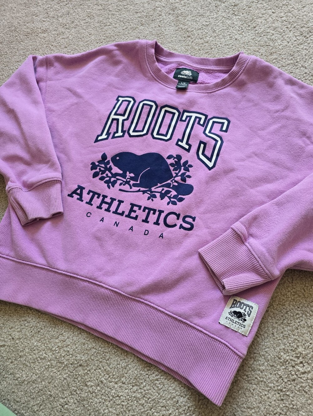 Roots Youth Large Pink Crewneck Sweatshirt with Navy Logo 9/10